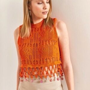 Zara Orange Beaded Crochet Knit Top